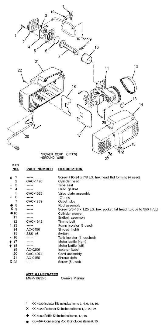 DEVILBISS MODEL 102D-2 OIL FREE AIR COMPRESSOR PUMP AND MOTOR BREAKDOWN AND PARTS LIST